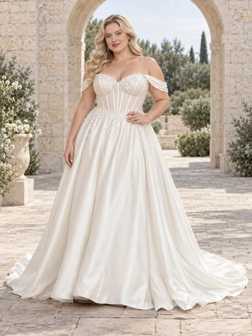 Ivory plus size satin ball gown wedding dress with sweetheart neckline, off-shoulder sleeves, floral lace corset and full skirt