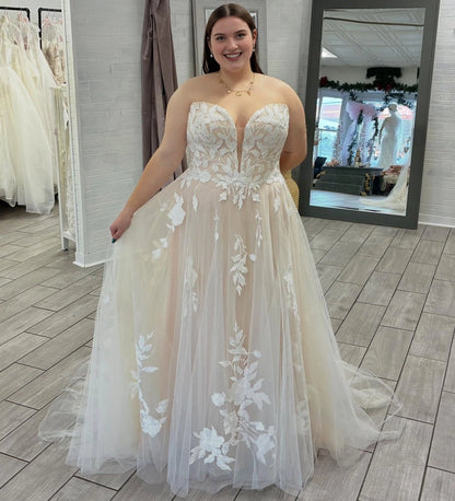 Romantic A-Line Plunging V-Neck Strapless Button Back Plus Size Wedding Dress