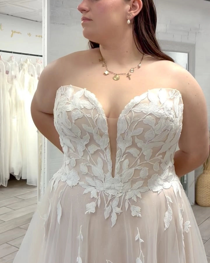 Romantic A-Line Plunging V-Neck Strapless Button Back Plus Size Wedding Dress