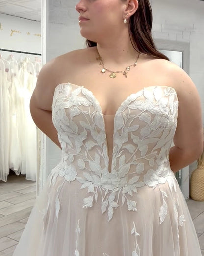 Romantic A-Line Plunging V-Neck Strapless Button Back Plus Size Wedding Dress