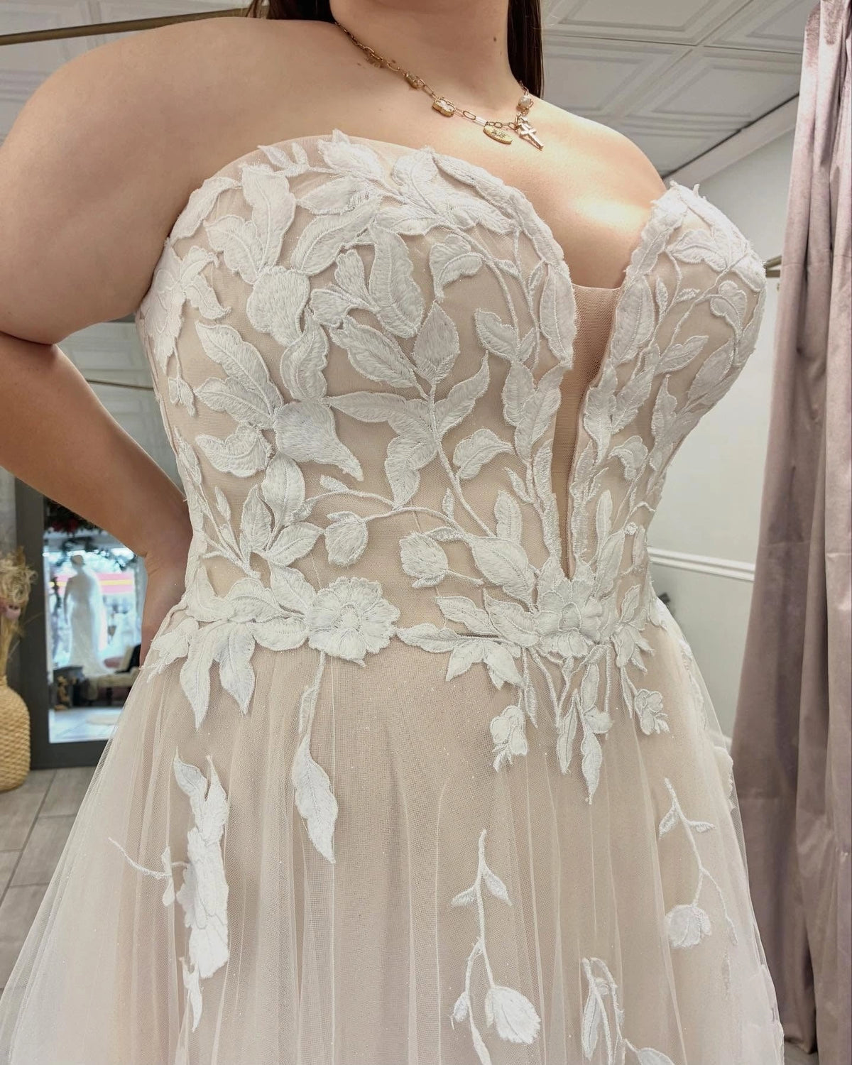 Romantic A-Line Plunging V-Neck Strapless Button Back Plus Size Wedding Dress