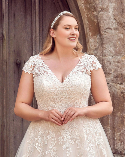 Romantic A-Line V-Neck Cap Sleeve Lace-Up Back Plus Size Wedding Dress