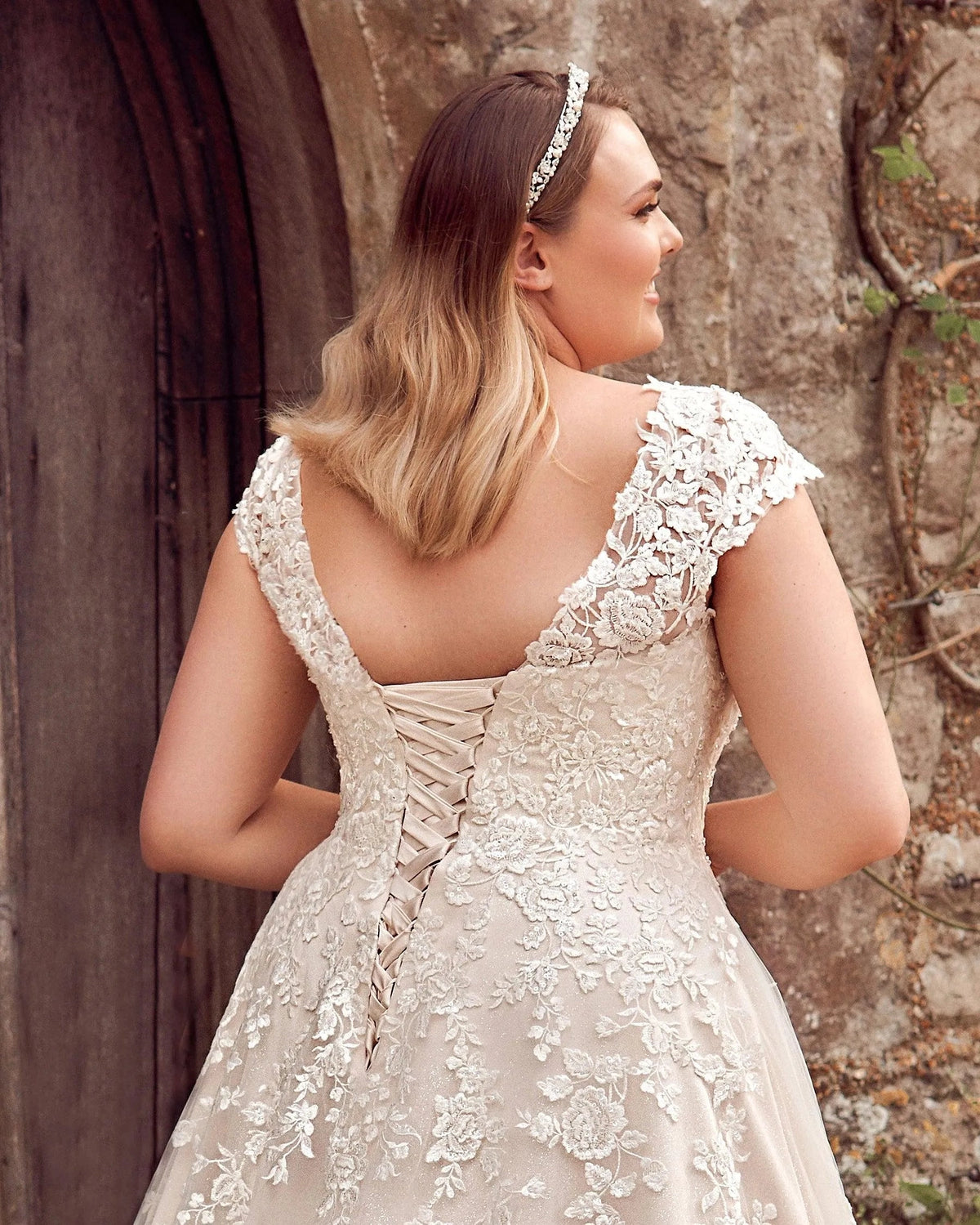 Romantic A-Line V-Neck Cap Sleeve Lace-Up Back Plus Size Wedding Dress