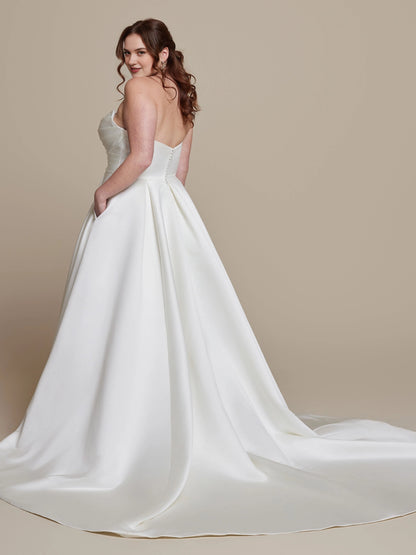 Ivory plus size satin-look wedding dress with low V-shaped back, covered button details, pleated A-line skirt and sweeping bridal train
