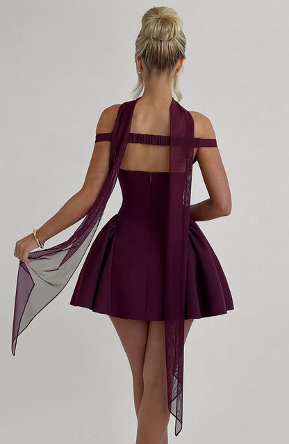 Flared Off Shoulder Deep V Open Back Mini Homecoming Dress