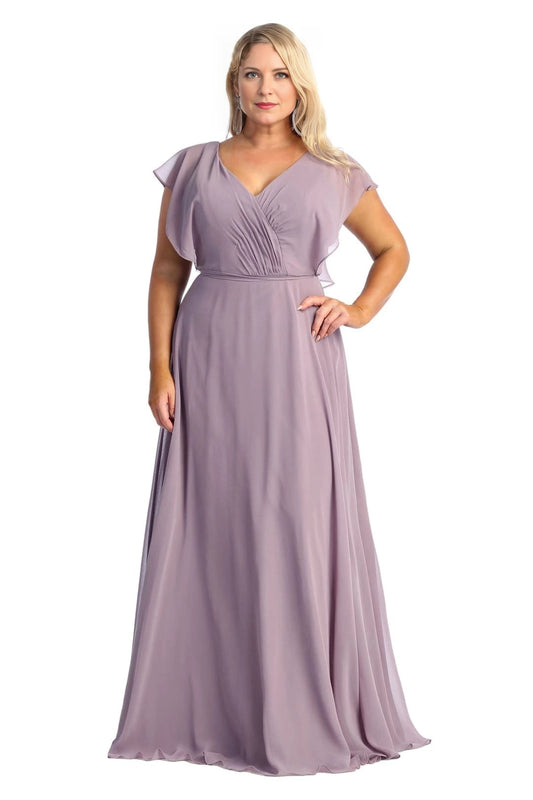 Lavender plus size mother of the bride dress with V-neck and flutter sleeves