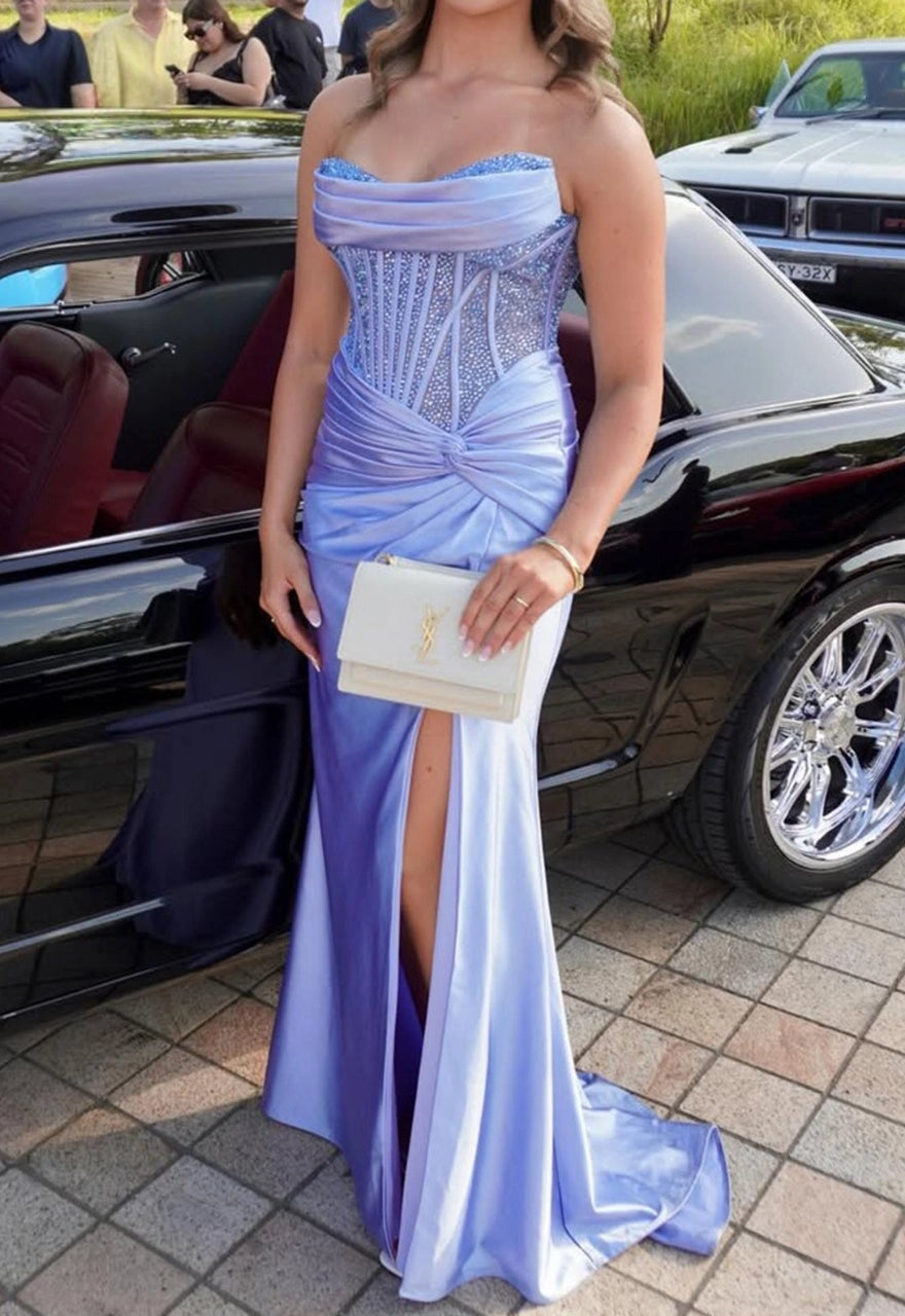 lavender satin strapless beaded corset high slit mermaid long prom dress front view