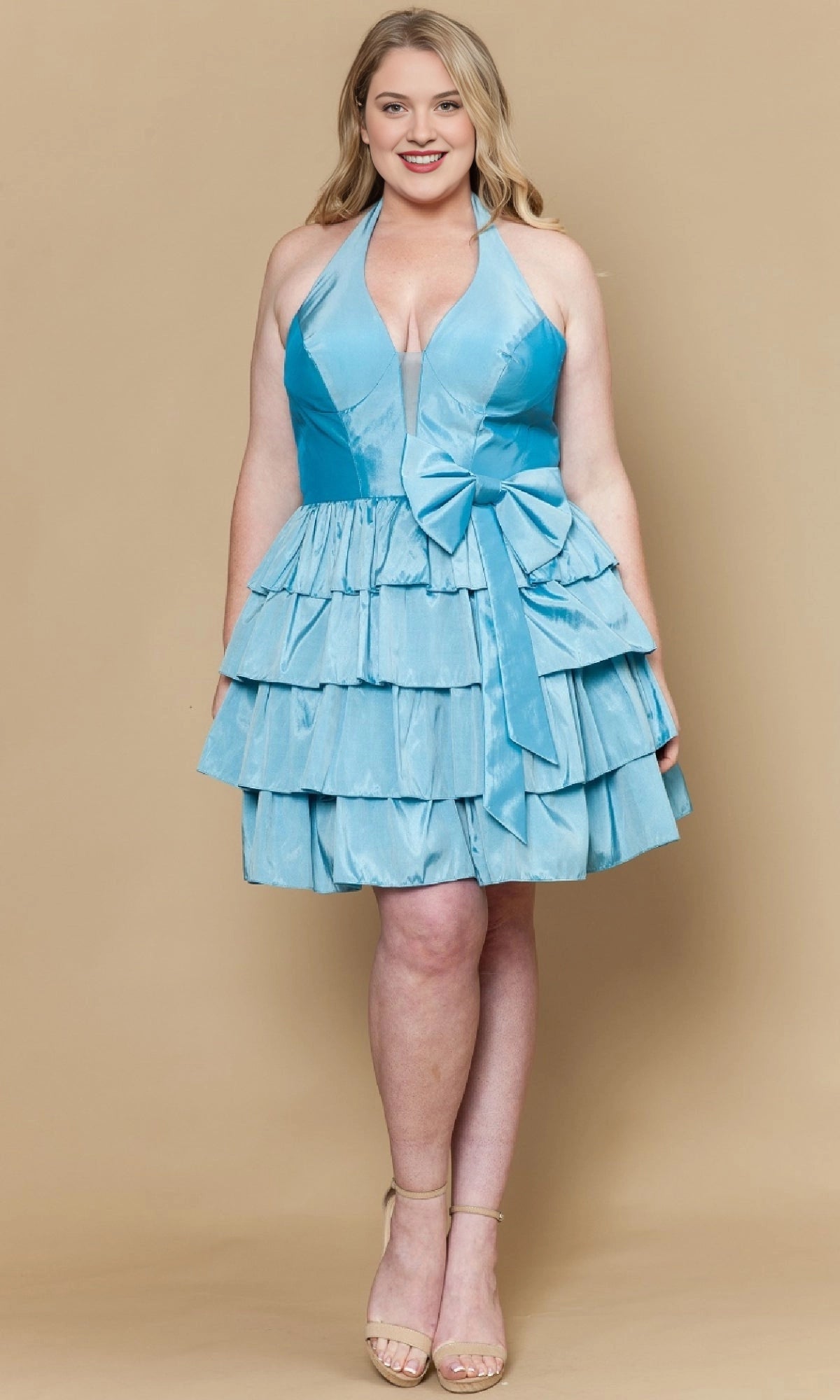 Light blue plus size halter V-neck homecoming dress with tiered ruffle satin skirt and waist bow