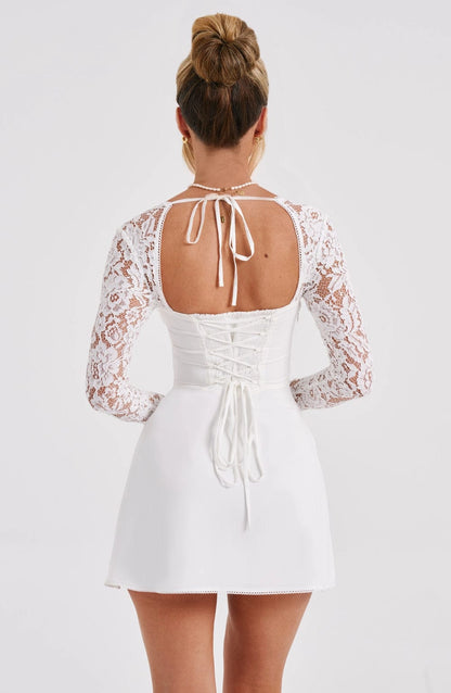 White Bodycon Sweetheart Lace Sleeve Corset Back Mini  Homecoming Dress