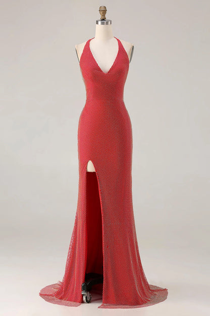 Plus Size Glamorous Mermaid Halter Sleeveless Lace-Up Back Long Prom Dress