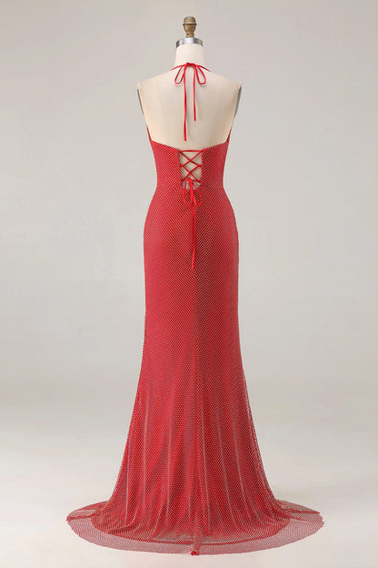 Plus Size Glamorous Mermaid Halter Sleeveless Lace-Up Back Long Prom Dress