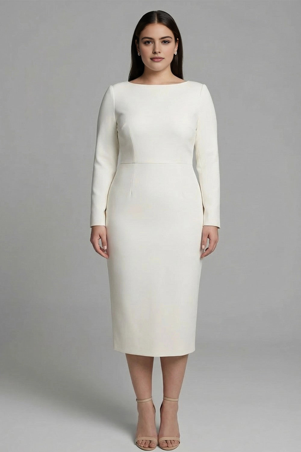 Minimalist sheath midi wedding guest dress with boat neck and long sleeves