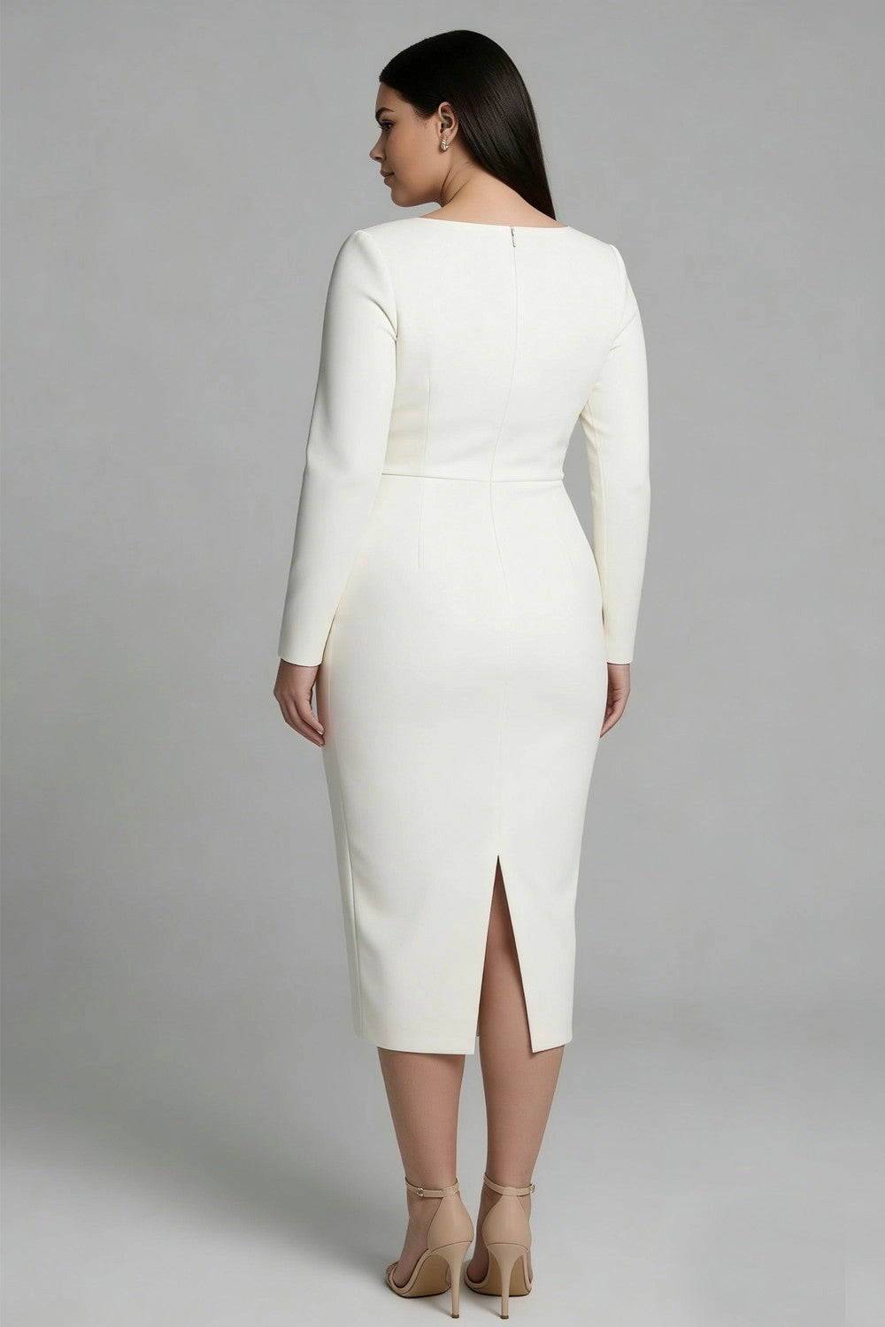 Back view of a midi wedding guest dress with long sleeves and zipper back