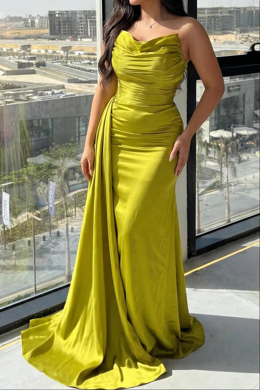 Mustard yellow satin strapless cowl neck mermaid long evening gown front view