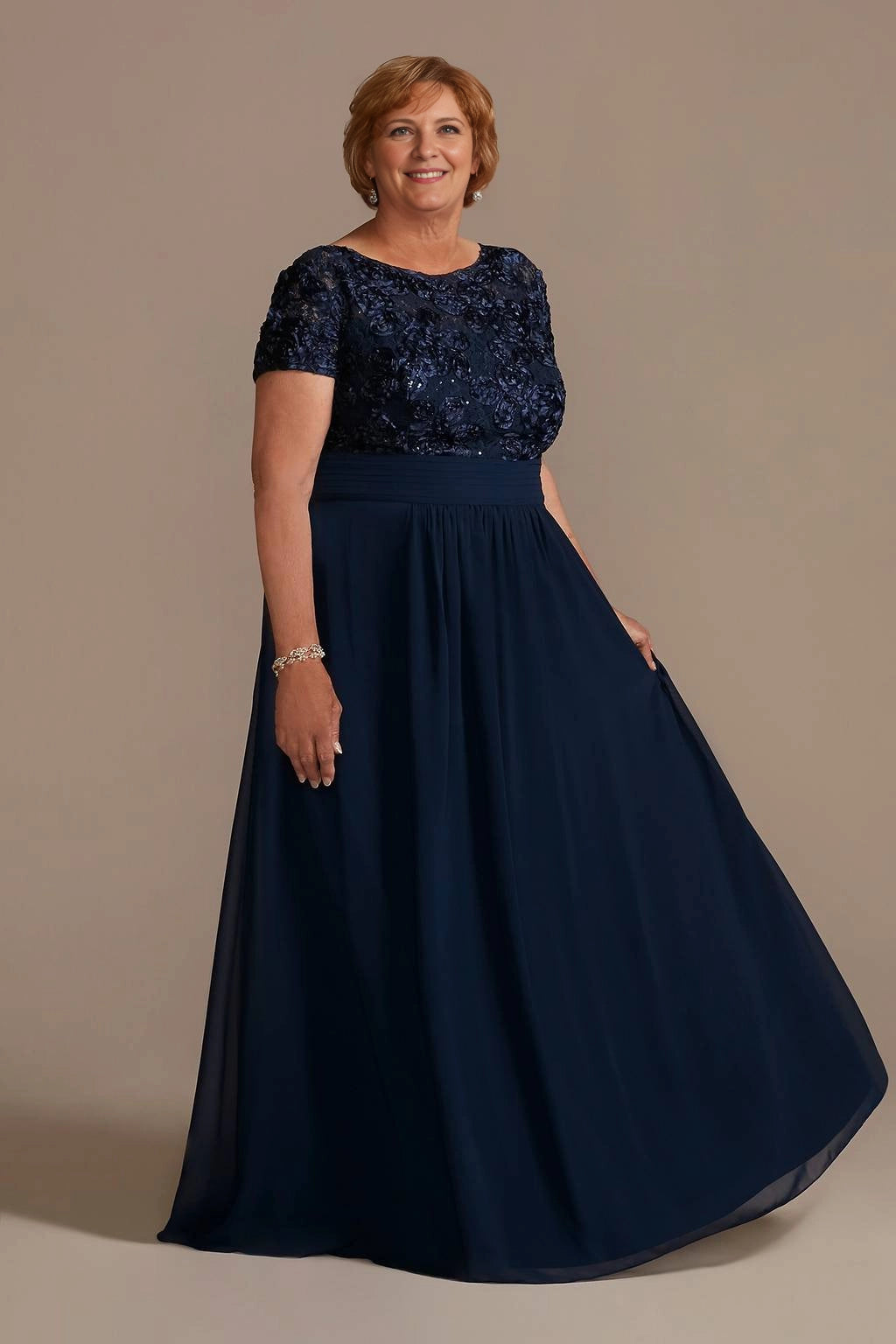 Navy blue lace plus size mother of the bride dress with jewel neckline and short sleeves