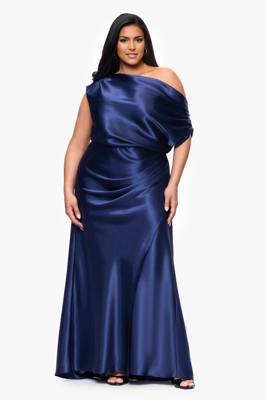 Navy blue plus size mother of the bride dress with asymmetric one-shoulder neckline, draped satin bodice, ruched waist and floor-length skirt