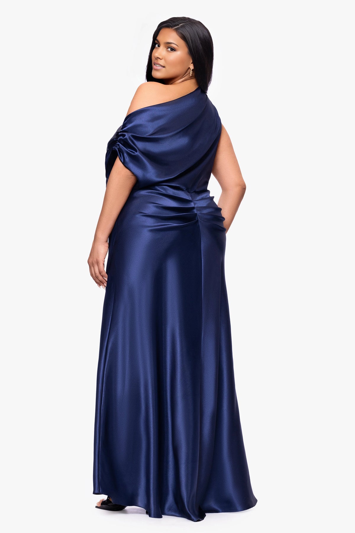 Navy blue plus size mother of the bride dress with asymmetric draped shoulder, gathered back waist and flowing satin-look floor-length skirt