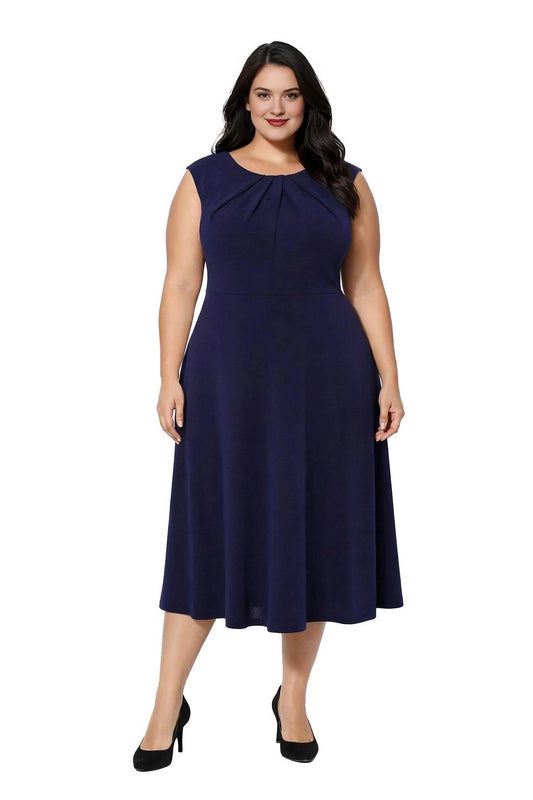 Navy blue plus size mother of the bride dress with pleated neckline and sleeveless A-line design