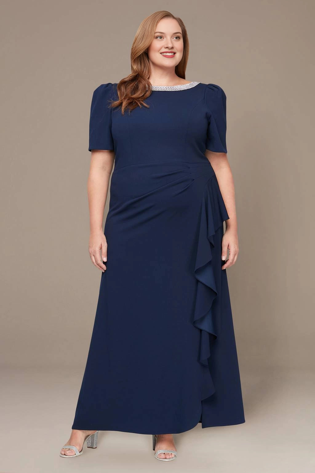 Navy blue plus size mother of the bride dress with embellished neckline and side ruffle