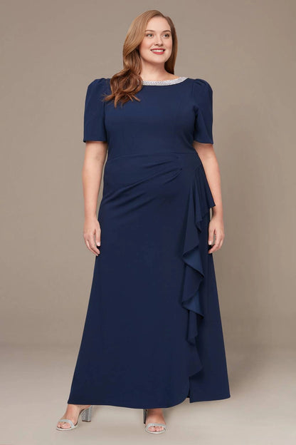 Navy blue plus size mother of the bride dress with embellished neckline and side ruffle