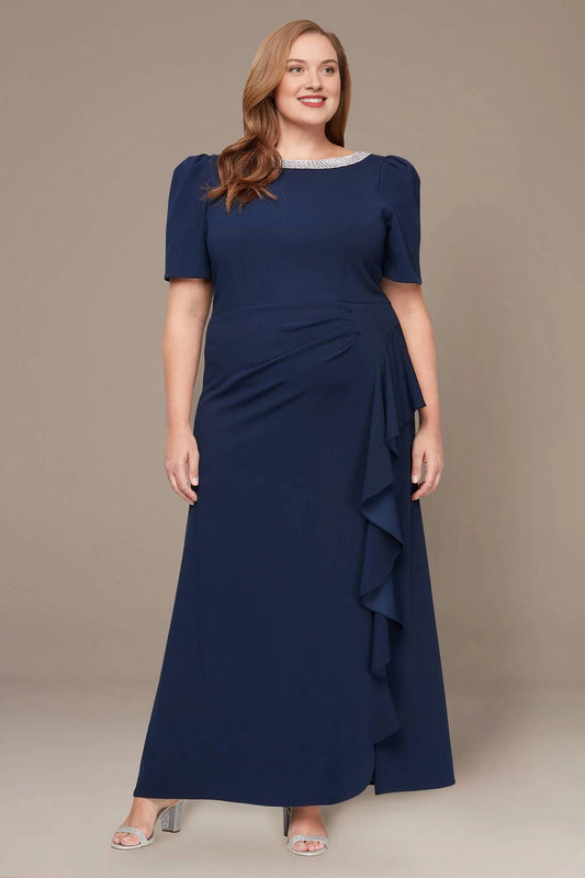 Navy blue plus size mother of the bride dress with embellished neckline and side ruffle