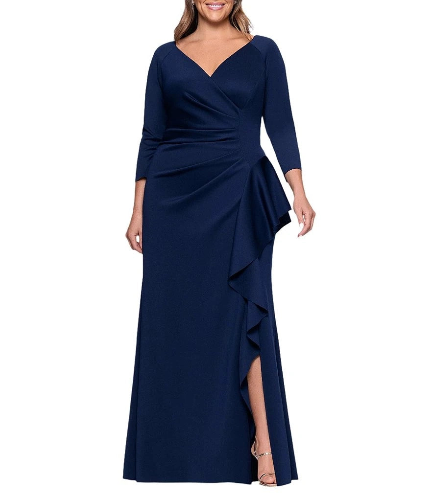 Navy blue plus size mother of the bride dress with V-neck, three-quarter sleeves and side ruffle