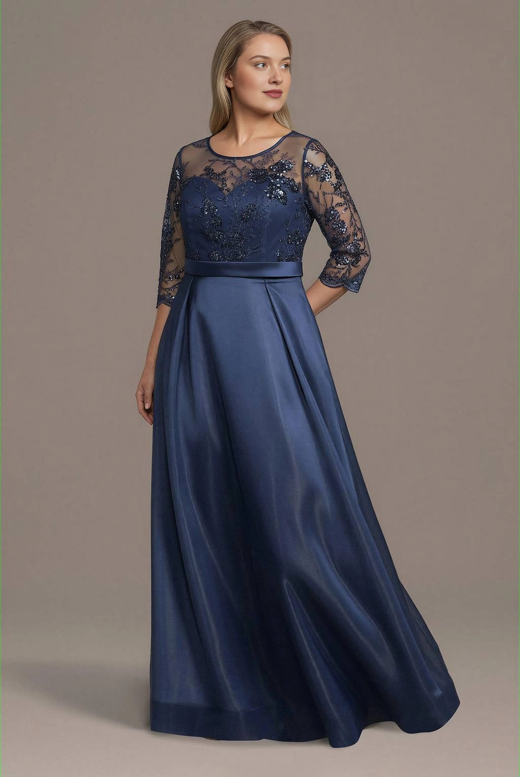 Navy blue plus size mother of the bride dress with lace sleeves and embellished bodice