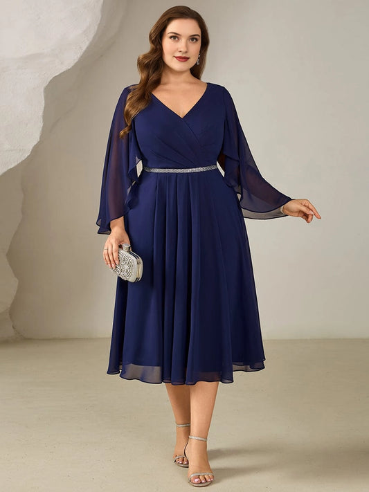 Navy blue plus size A-line mother of the bride dress with V-neck, chiffon cape sleeves and sparkling waistband front view