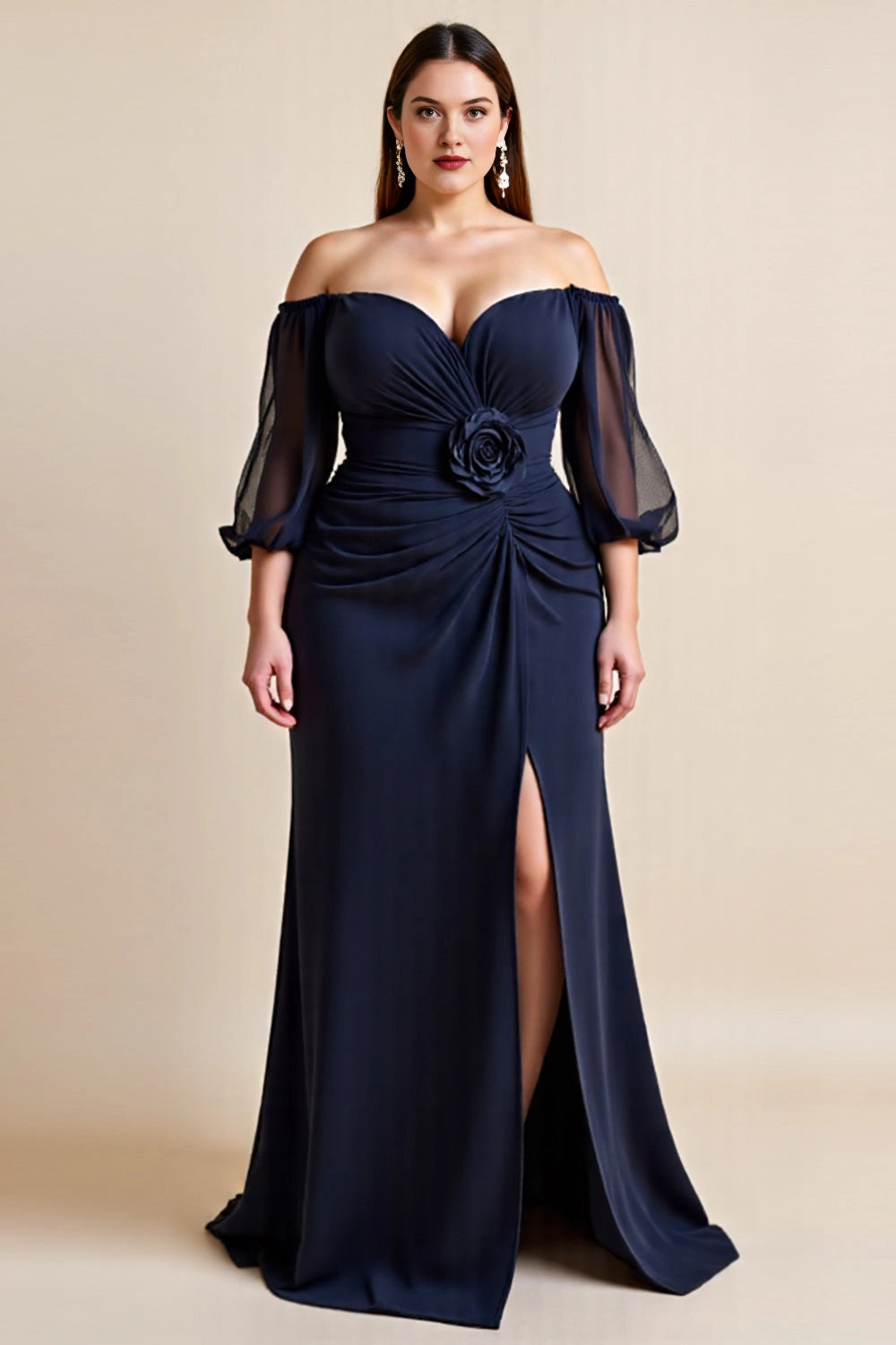 Navy plus size off shoulder mesh balloon sleeve rosette long mother of the bride dress front view