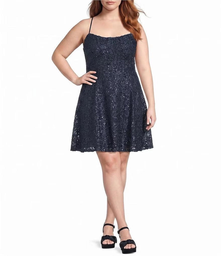 Navy blue plus size sequin lace homecoming dress with square neck and A-line skirt