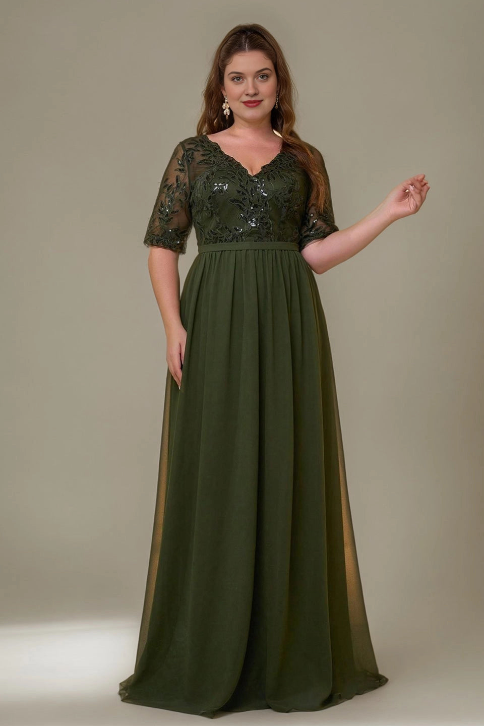 Elegant A-Line V-Neck Short Sleeve V-Back Floor-Length Mother of the Bride Dress