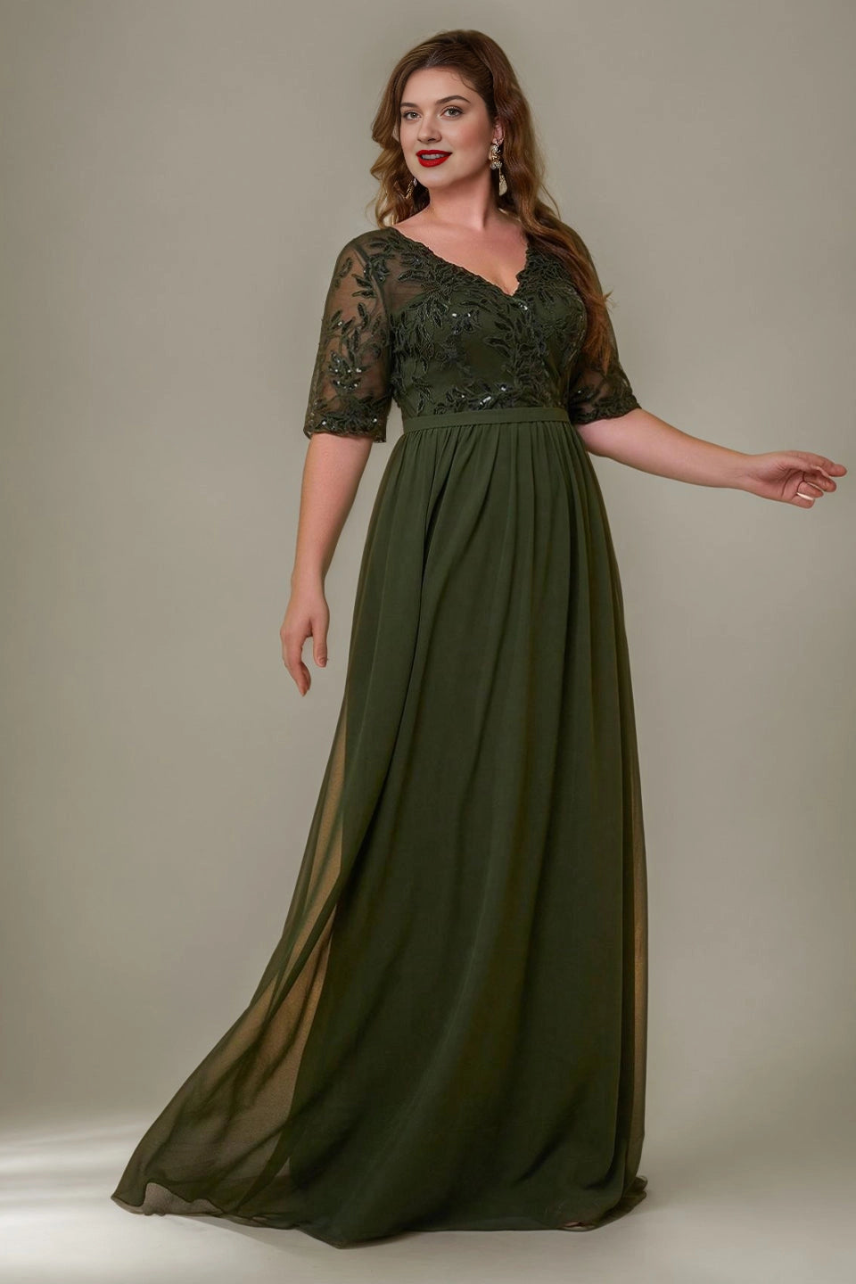 Elegant A-Line V-Neck Short Sleeve V-Back Floor-Length Mother of the Bride Dress
