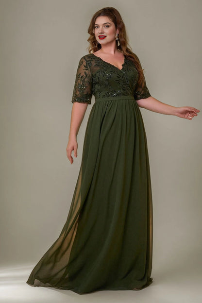 Elegant A-Line V-Neck Short Sleeve V-Back Floor-Length Mother of the Bride Dress