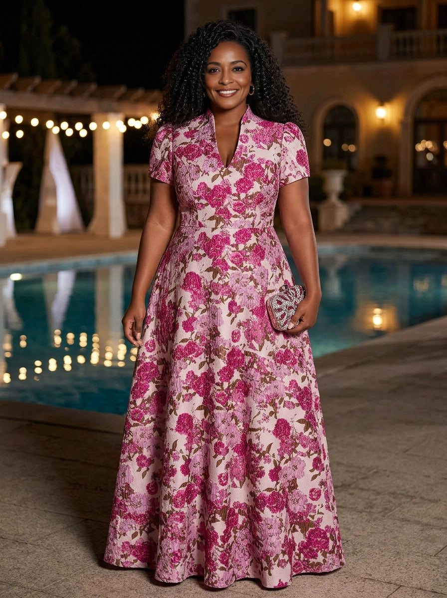 Pink floral jacquard A-line wedding guest dress with mandarin collar V-neck, short sleeves and fitted waist, floor length evening gown, front view
