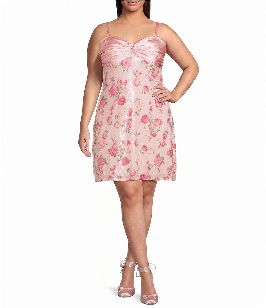 Pink plus size floral sequin homecoming dress with sweetheart twist bust and spaghetti straps
