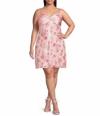 Pink plus size floral sequin homecoming dress with sweetheart twist bust and spaghetti straps
