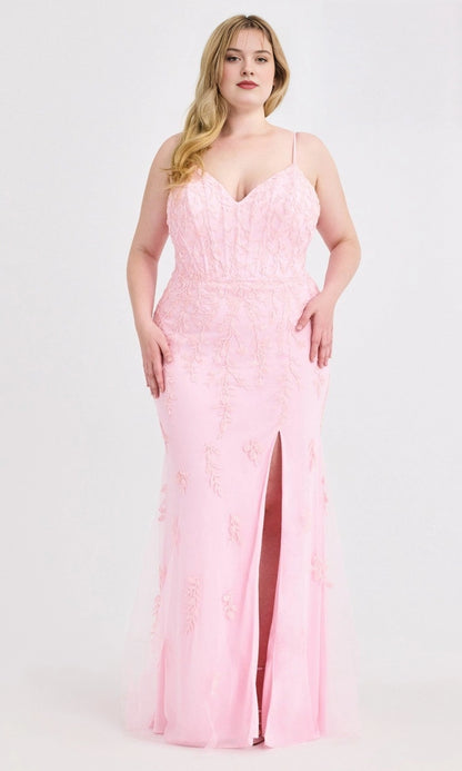 Pink plus size V-neck lace mermaid evening dress with floral embroidery and high slit
