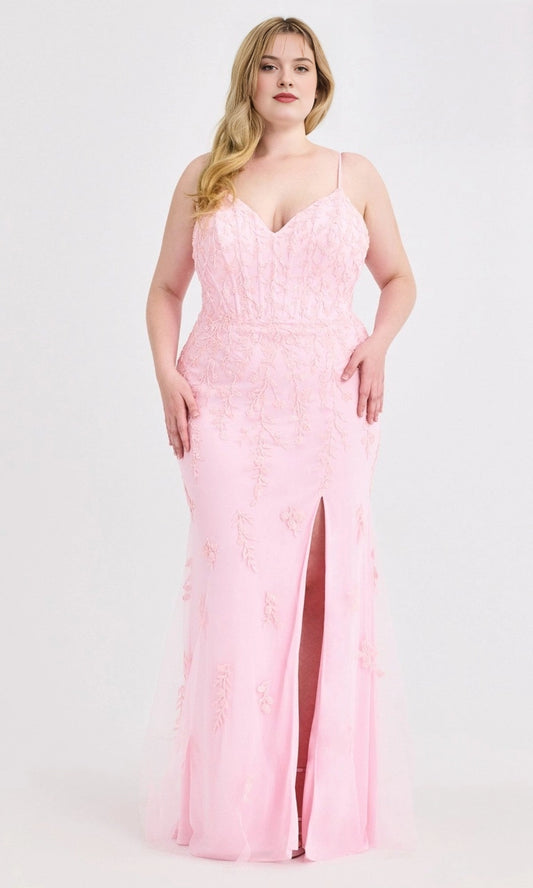 Pink plus size V-neck lace mermaid evening dress with floral embroidery and high slit
