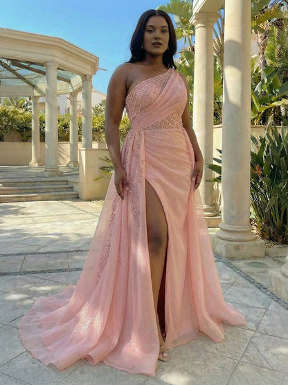 Pink plus size one-shoulder glitter tulle evening dress with beaded bodice, high slit and train
