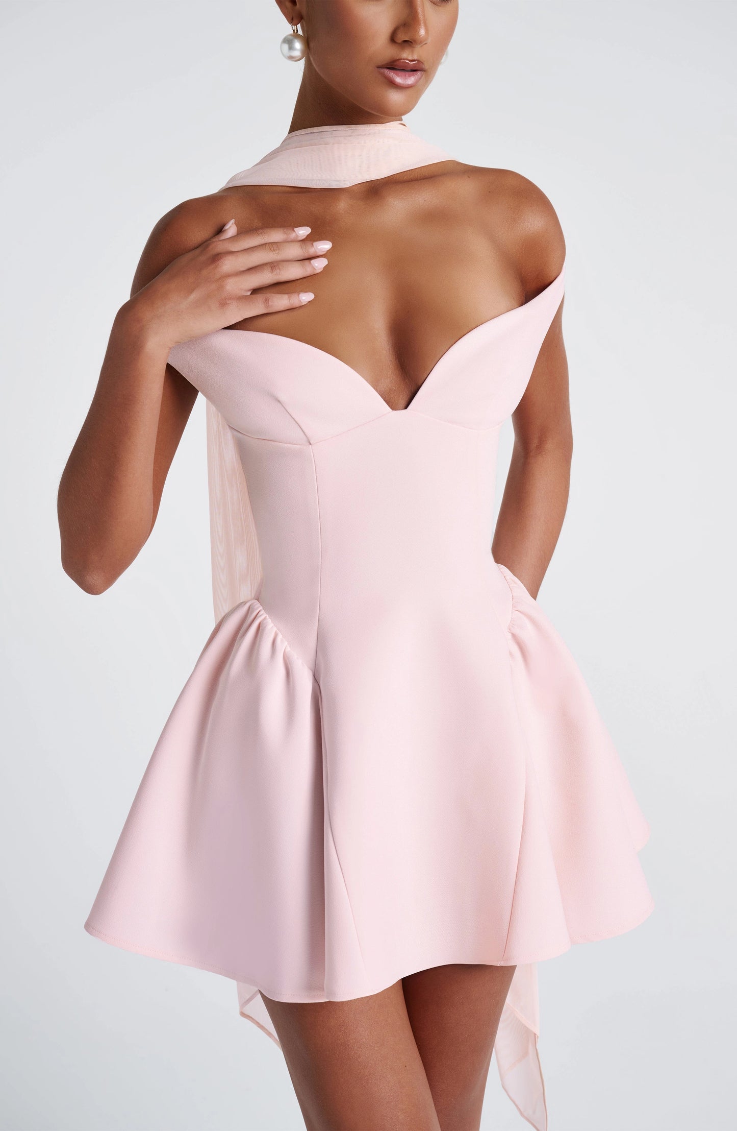 Flared Off Shoulder Deep V Open Back Mini Homecoming Dress