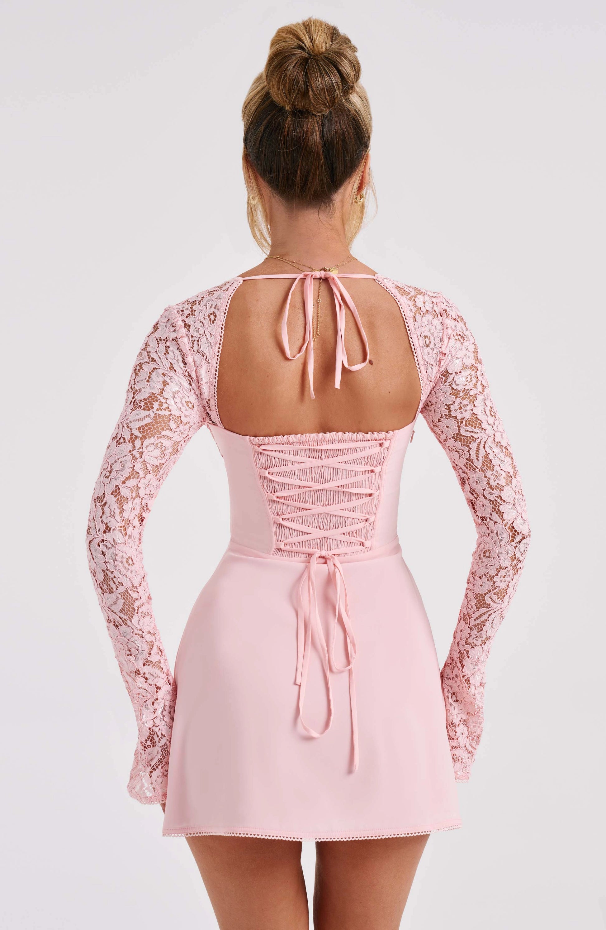 RoselleDress white corset tie back lace sleeve short wedding dress back view