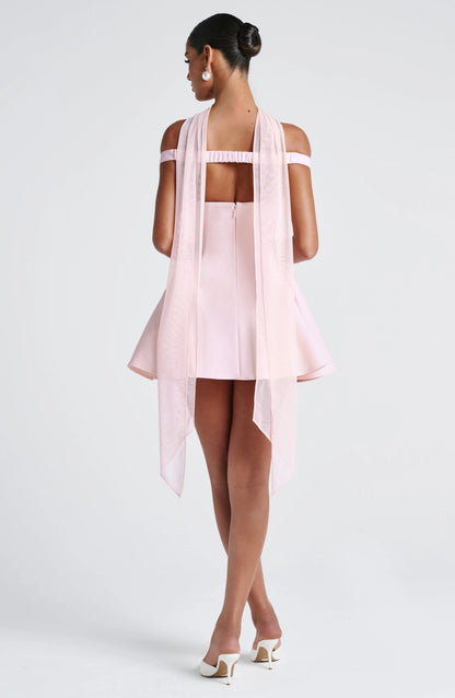 Flared Off Shoulder Deep V Open Back Mini Homecoming Dress