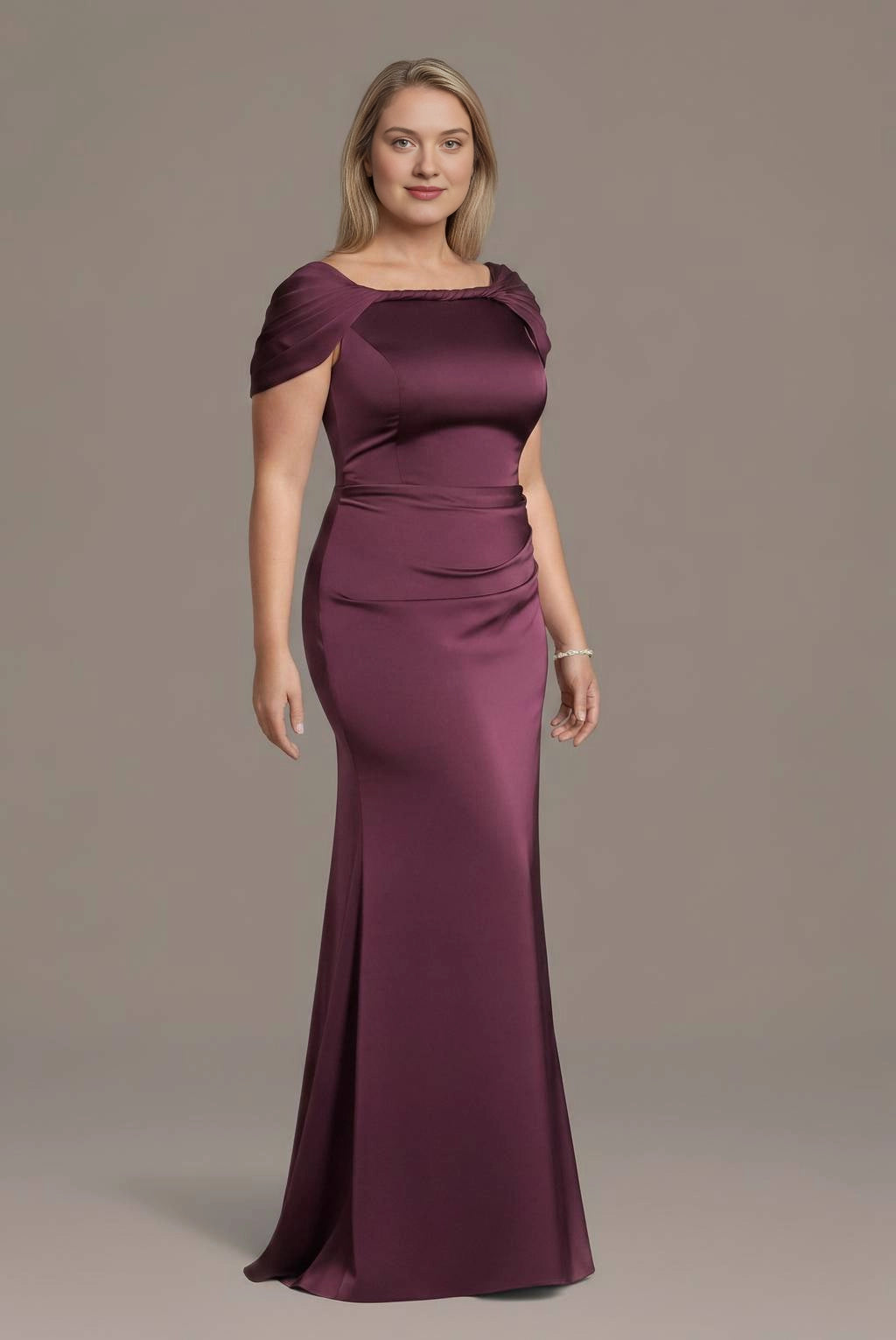 Plum plus size mother of the bride dress with square neckline and short sleeves