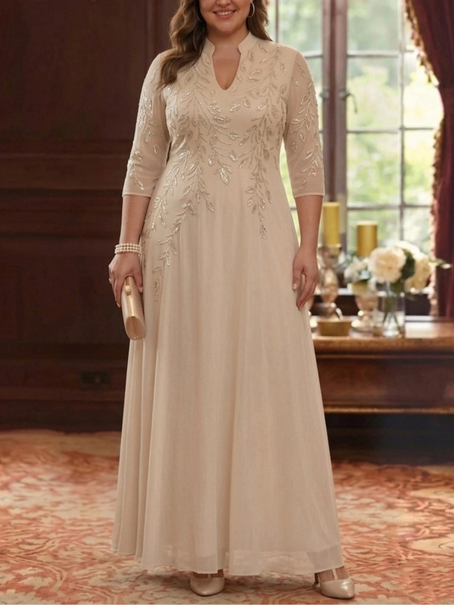 Elegant A-Line High-Neck Three-Quarter-Sleeve Zipper-Back Floor-Length Plus Size Mother of the Bride Dress