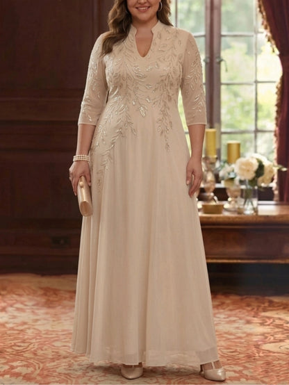 Elegant A-Line High-Neck Three-Quarter-Sleeve Zipper-Back Floor-Length Plus Size Mother of the Bride Dress