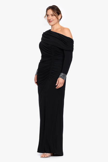 Elegant Plus Size Sheath Asymmetric Neck Long Sleeve Zipper Back Maxi Wedding Guest Dress