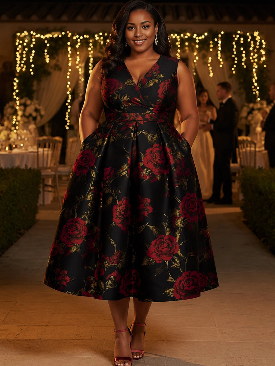 Plus size black red rose satin wedding guest dress with V-neck, sleeveless, belted waist and full tea-length skirt with pockets, front view
