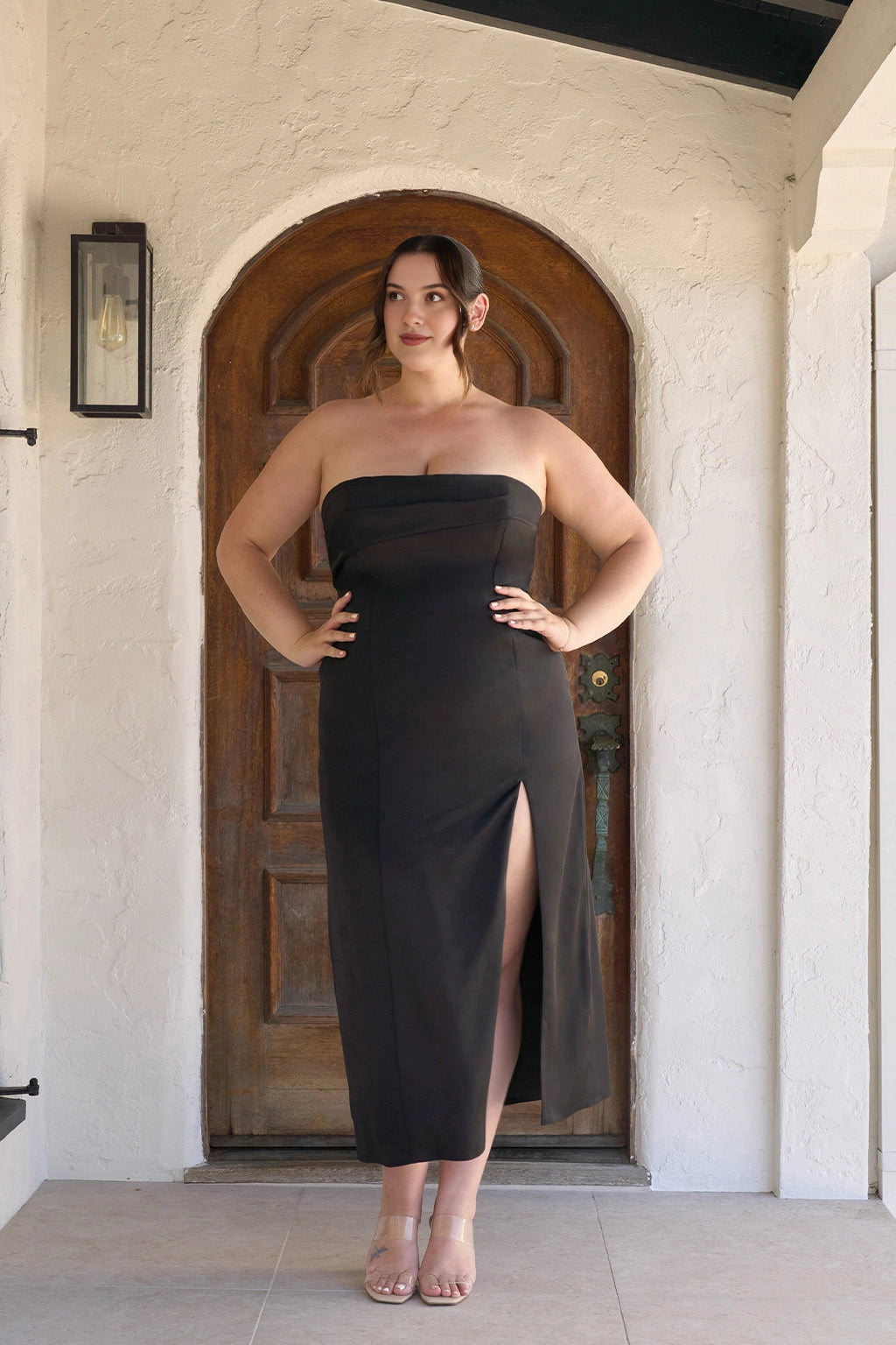 Elegant Sheath Straight Neck Strapless Zipper Back Plus Size Wedding Guest Dress
