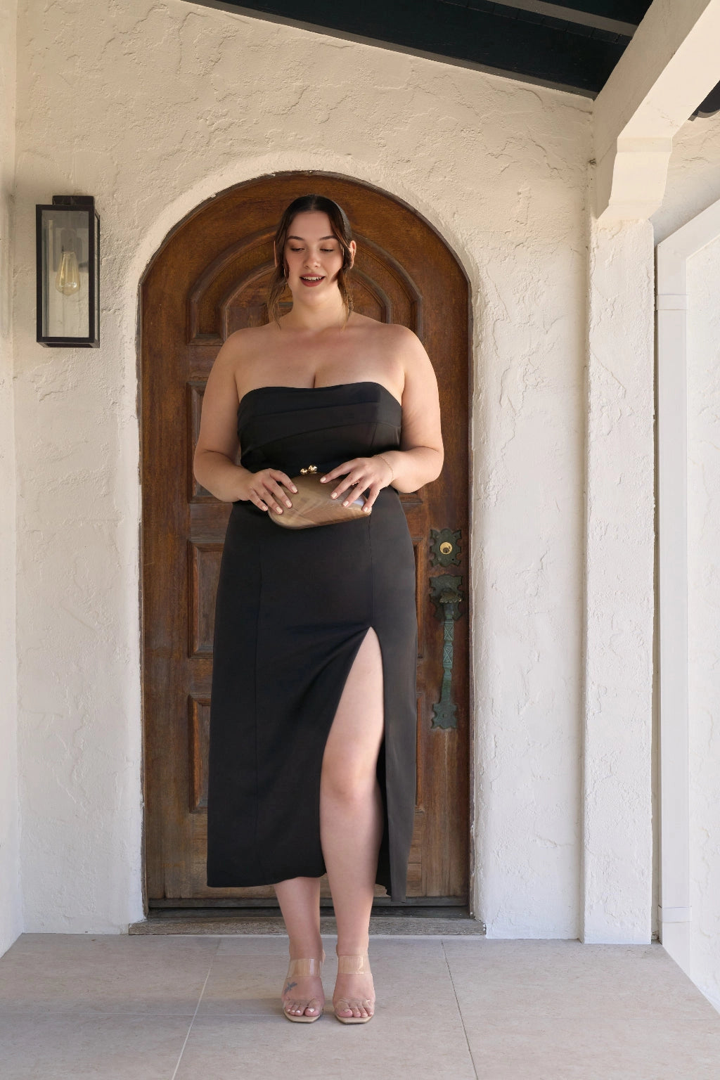 Elegant Sheath Straight Neck Strapless Zipper Back Plus Size Wedding Guest Dress