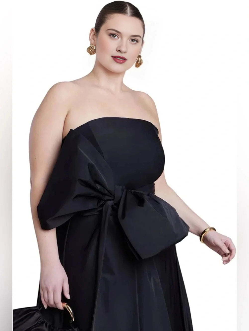 Elegant A-Line Strapless Bow-Waist Sleeveless Zipper-Back Midi-Length Plus Size Wedding Guest Dress